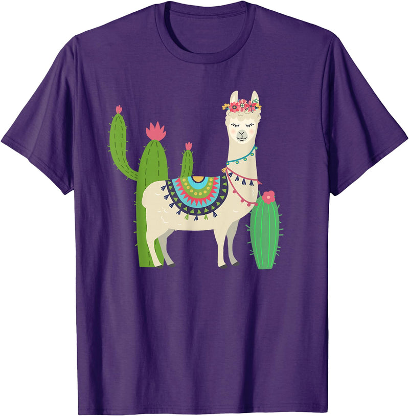 Captivaca Llama Shirts Cute Llama with Flower & Cactus/Llama Lover Gift T-Shirt Small - Purple
