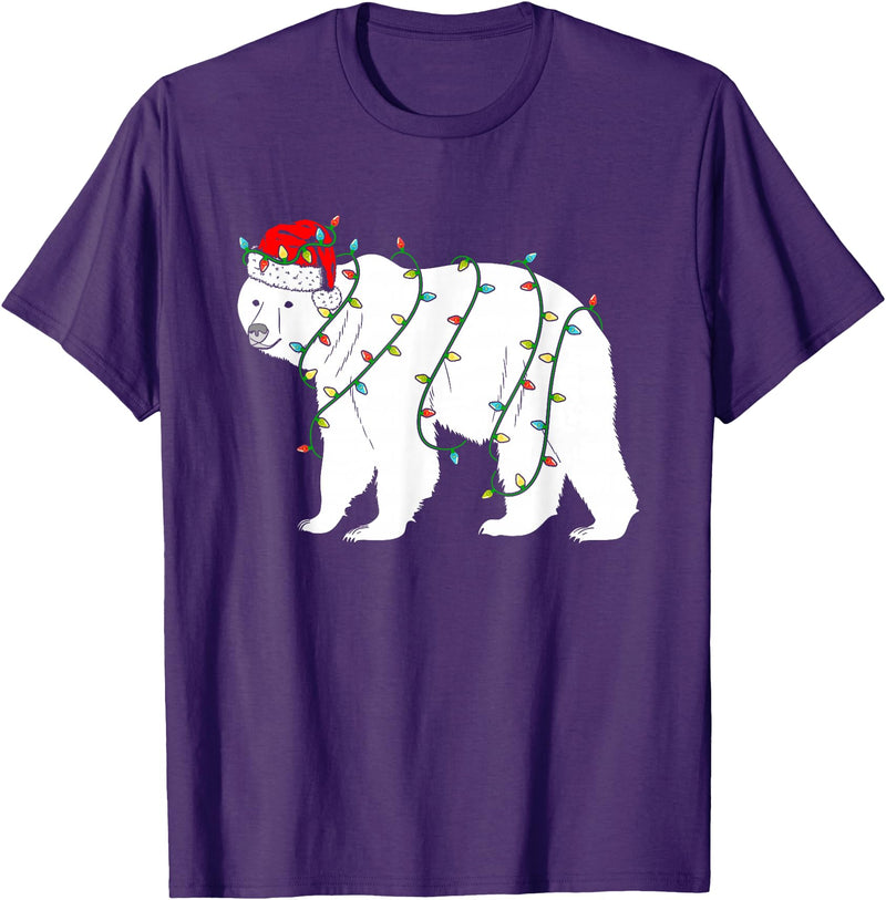 Funny Christmas Polar Bear Holiday Gifts Polar Bear Christmas Santa Hat Lights Xmas Gifts T-Shirt - Purple