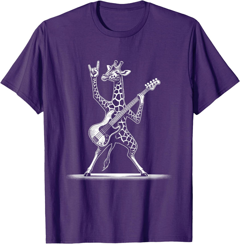 Funny Guitar Giraffe Lovers Costume for Guitarist Rock n Roll Giraffe Playing Guitar Funny Mens Womens Giraffe T-Shirt - Purple