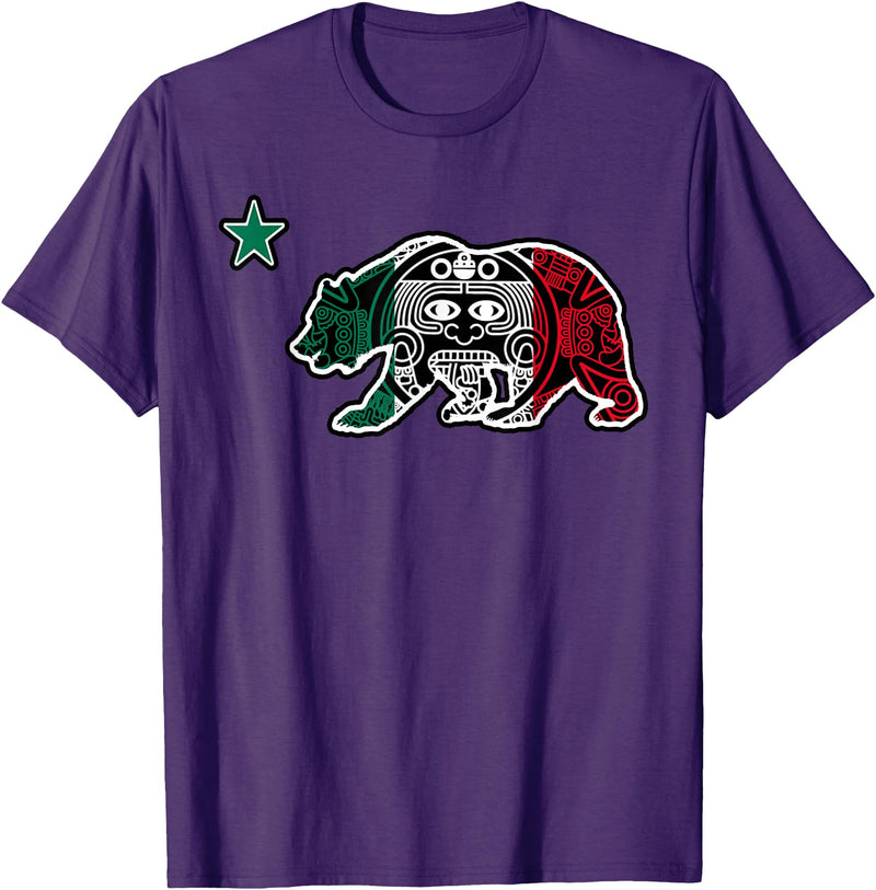 California Aztec Apparel Co California Republic Bear Aztec Calendar Mexico Mexican Flag T-Shirt - Purple