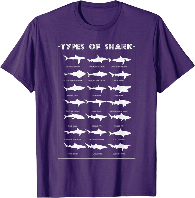 I Love Sharks Design T-Shirts 360 21 Types of Shark | Marine Biology Gift T-Shirt - Purple