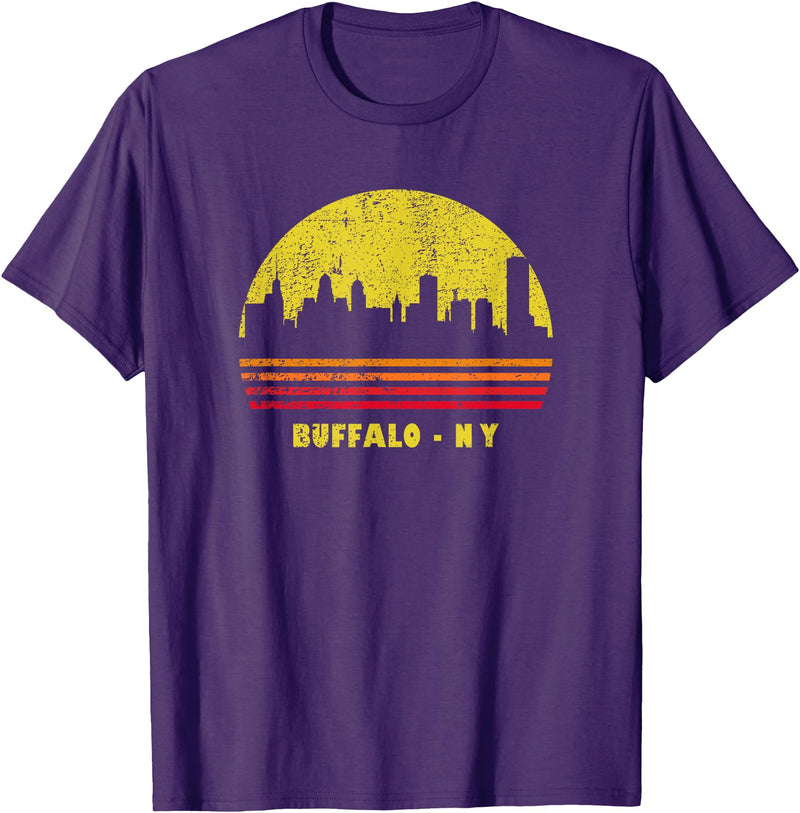 Wowsome! Vintage Retro Sunset Buffalo NY Skyline T-Shirt - Purple
