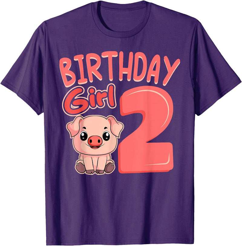 Pig Birthday 2 Cute Girl Farm Party Apparel Pig 2nd Birthday Girl Party Oink Farm Hog Farmyard Piggy T-Shirt - Purple