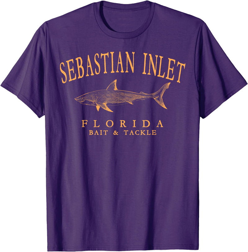 Sebastian Inlet Florida Fishing Souvenir Gifts Sebastian Inlet Florida Shark Retro Orange Art Fishing T-Shirt - Purple