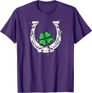 Lucky Clover Horses Co Horseshoe Lucky Four Leaf Clover Horse T-Shirt - Purple