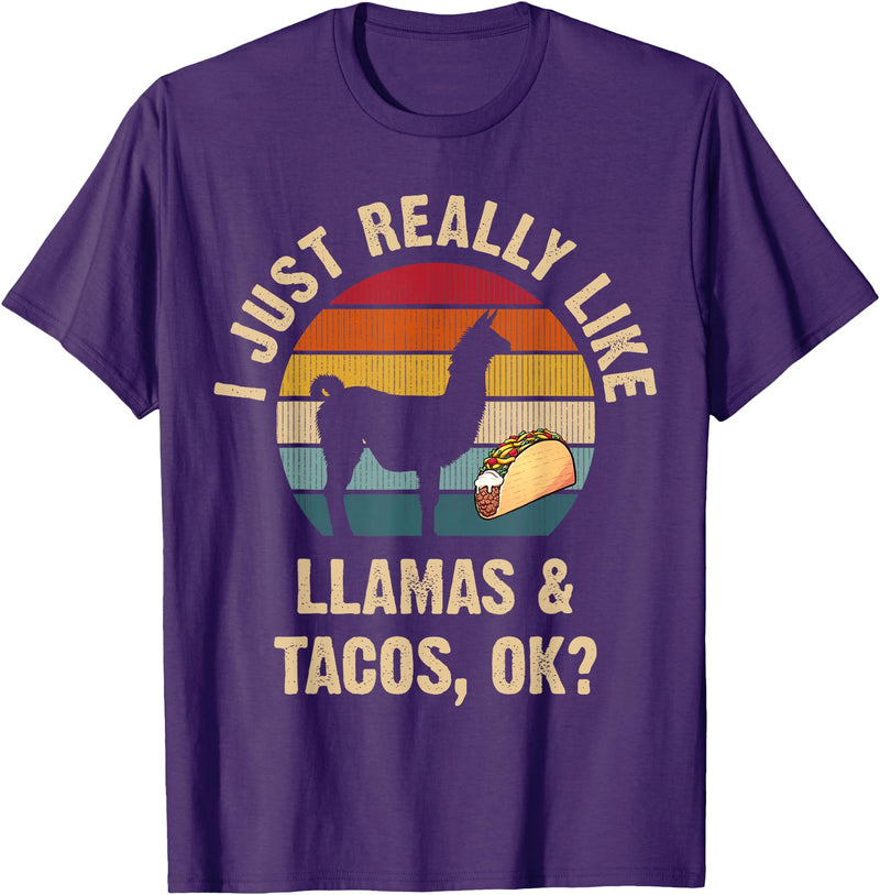 Llamas and Taco Lover Gifts Vintage Retro Style Llamas and Tacos lover Cinco de mayo Taco Tuesday Cute T-Shirt - Purple