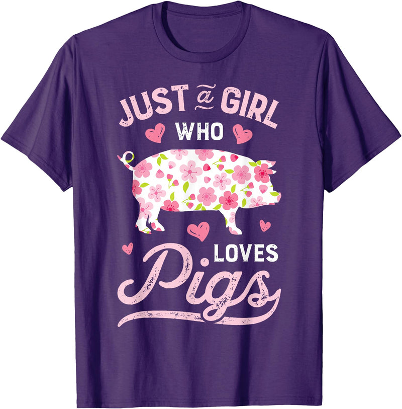 Piggy Squad Co Pig Just a Girl Who Loves Pigs Women Farmer Farm Flower T-Shirt Small - Purple