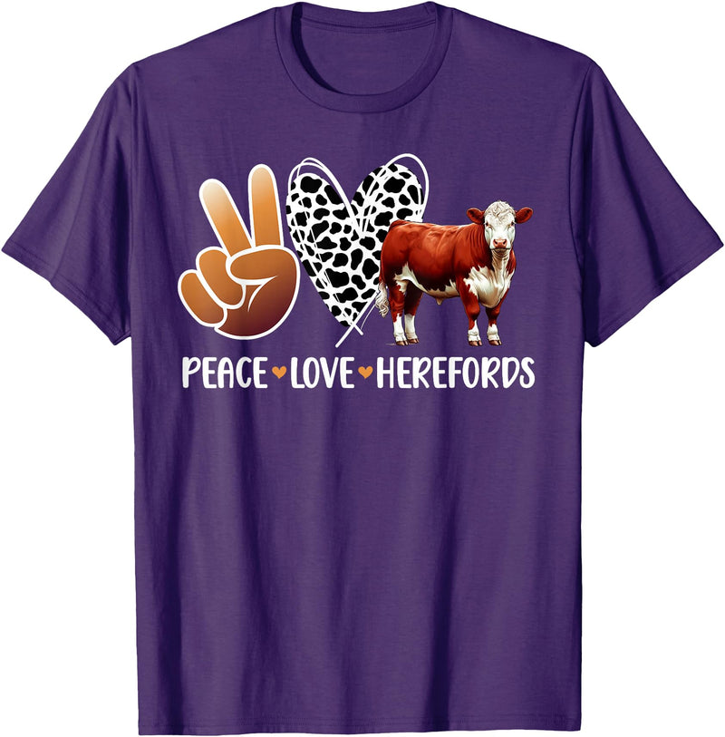Cute Hereford Cattle Hereford Cow Boy Peace Love Hereford Cow Lover Hereford Cow Girl T-Shirt - Purple