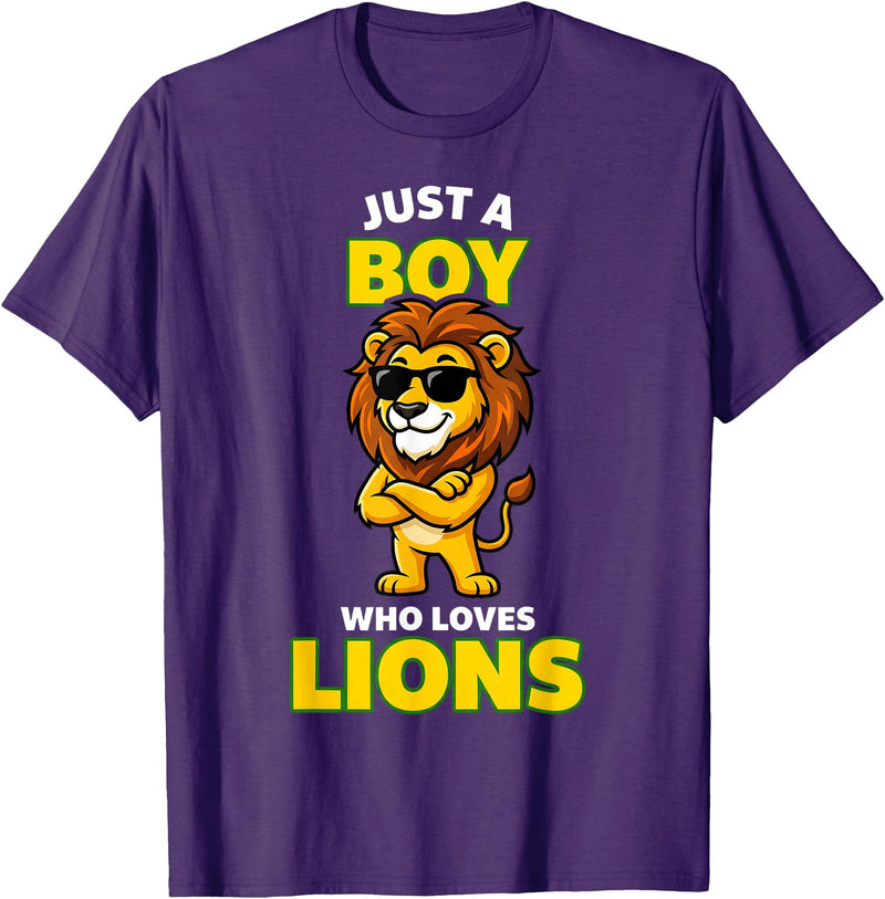 Lion King of the Jungle Safari Wildlife Zoo Gifts Cool Lion in Sunglasses Just A Boy Who Loves Lions T-Shirt - Purple
