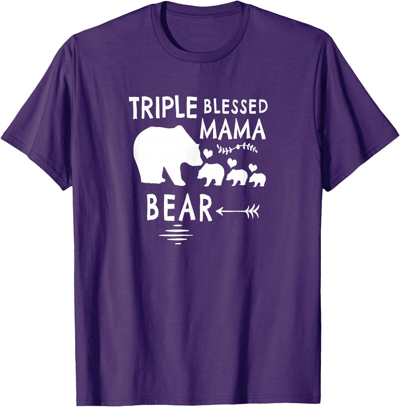 The Mothers Day Shirt Co. Triple Blessed Mama Bear Shirt For Moms With Three Kids T-Shirt - Purple