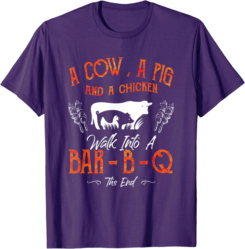 Cow Pig Chicken - Master Griller - DressedForDuty A Cow, a Pig and a Chicken Barbecue BBQ Master Griller Chef T-Shirt - Purple