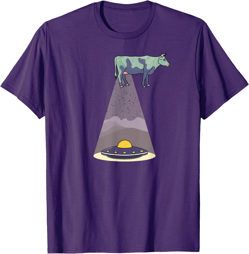 Funny Alien Abduction Cow UFO T-Shirt - Purple