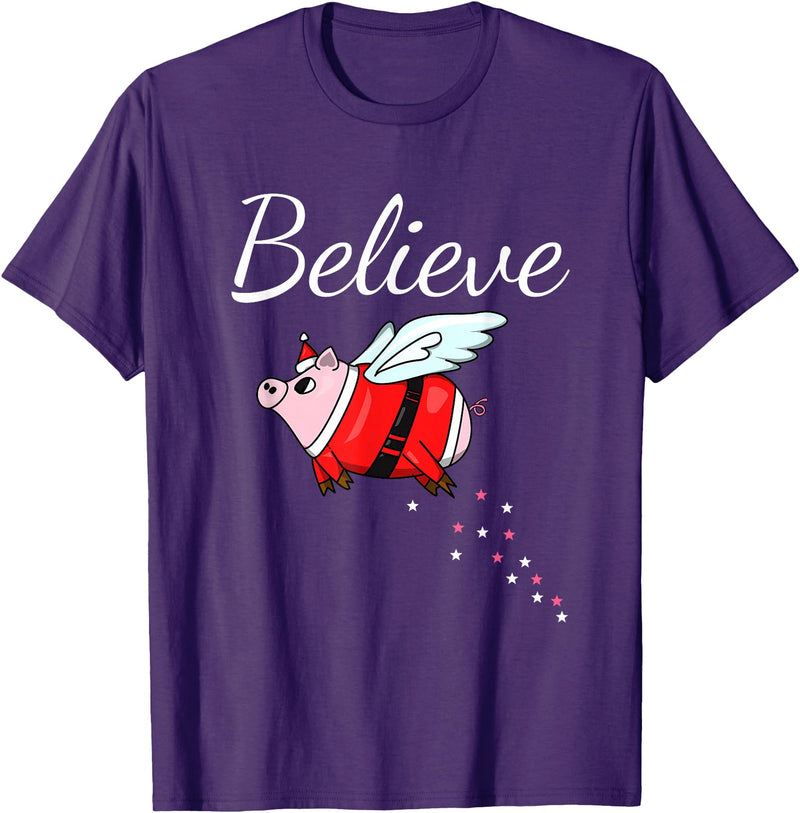Funny Christmas for Men and Women I Believe pigs can fly funny Christmas Design for Pig Lover T-Shirt - Purple