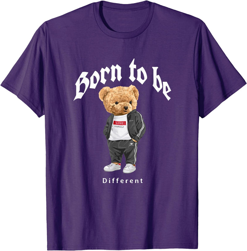 Bahaa's Tee Born To Be Different, Cool Teddy Bear Quotes Graphic Designs T-Shirt - Purple