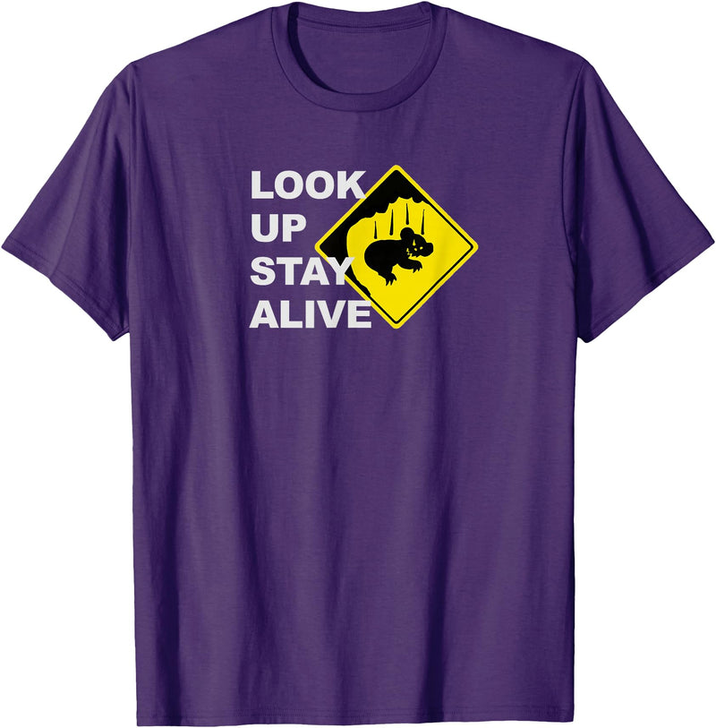 Drop Bear Meme Beware Drop Bears Look Up Stay Alive Funny Aussie TShirt T-Shirt - Purple
