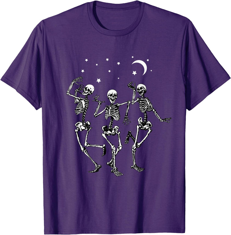 Skeleton Dancing Under The Moon Funny Happy Halloween T-Shirt - Purple