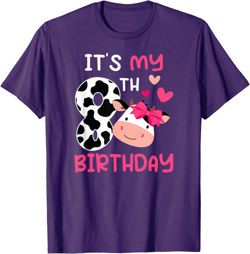 Eight Year Old Cow Eighth Birthday Cows 8th Cow Birthday 8 Year Old Girl Cow Birthday Party T-Shirt - Purple