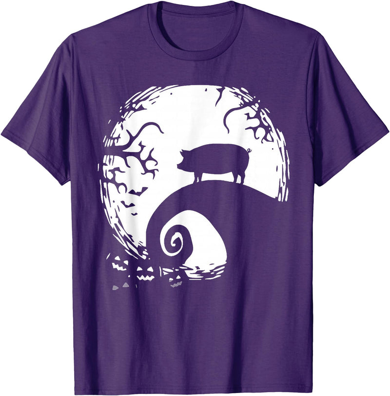 Funny Pig With Moon Halloween Tee Shirt Pig and Moon Halloween T-Shirt - Purple