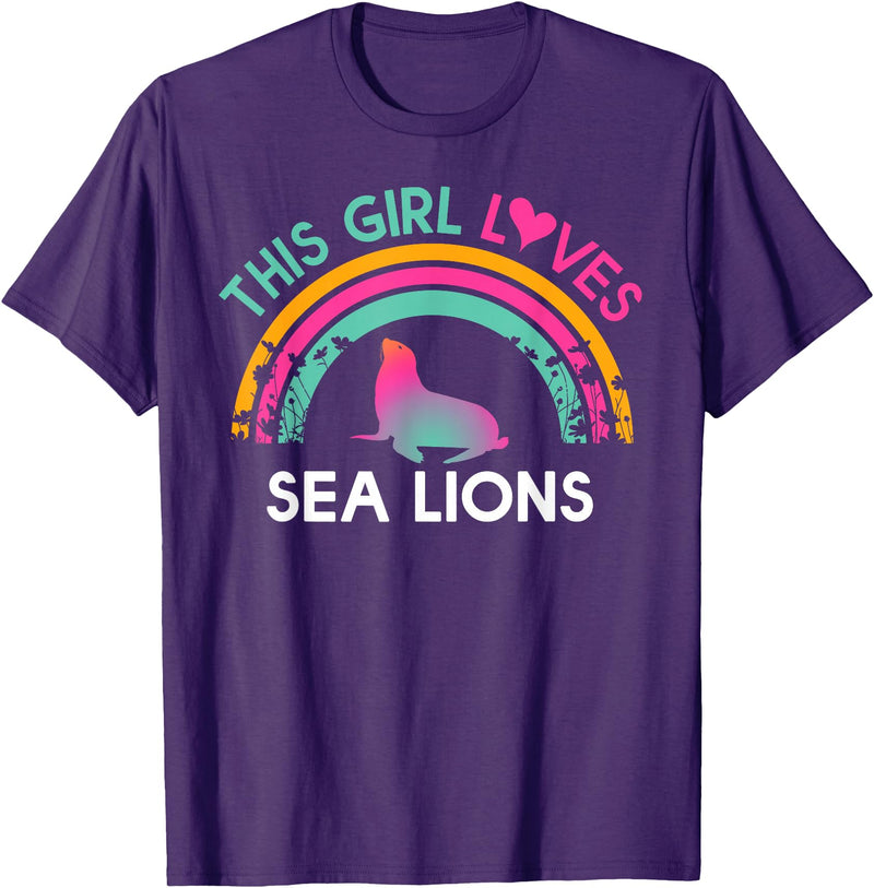 Rainbow Sea lions Outfit for toddler Girl Kids this Girl Loves Sea lions Cute Rainbow Silhouette T-Shirt - Purple