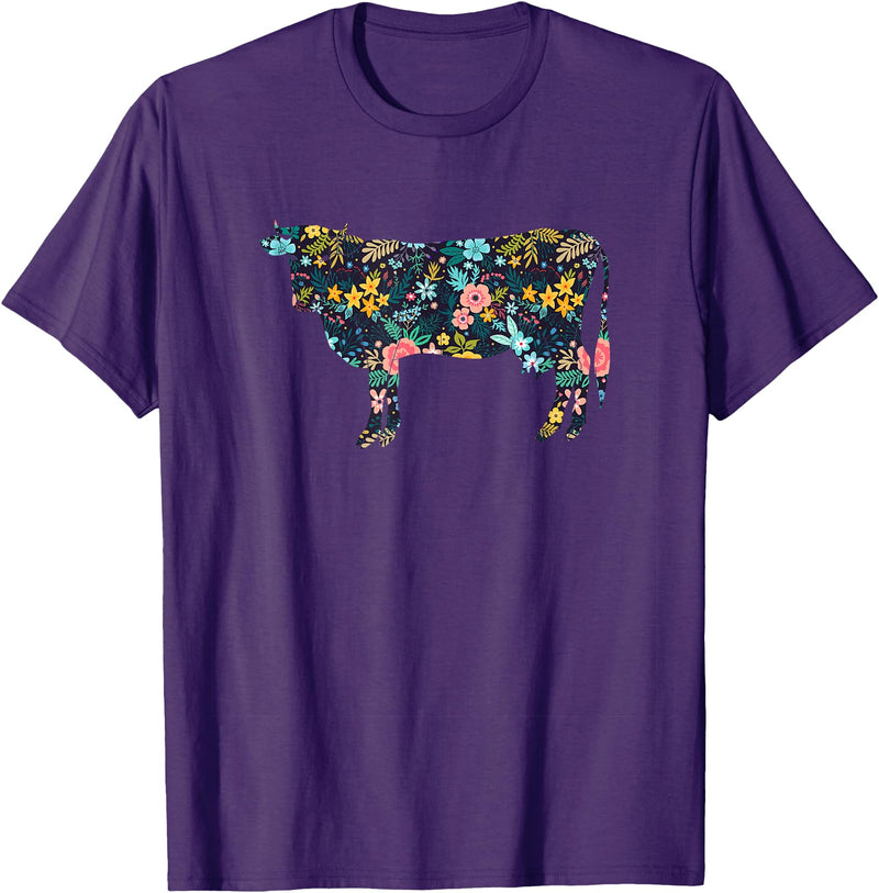 Cow Floral Silhouette Cattle Farm Lover Floral Cow Silhouette Womens Girls Cow Farm Animal T-Shirt - Purple