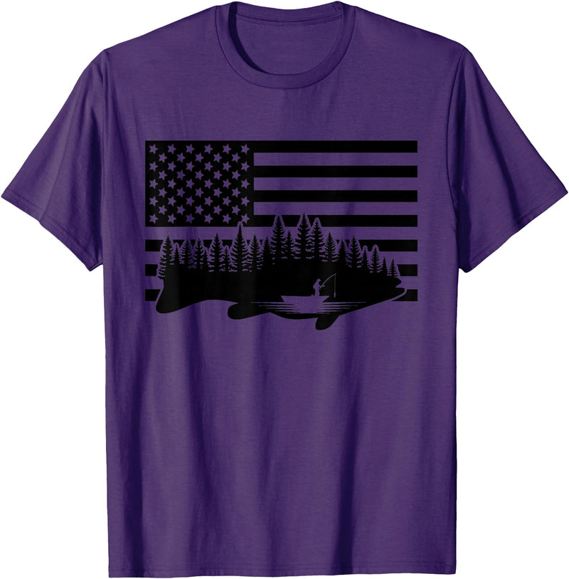 BASBO American Flag Fishing T-Shirt - Grey, Small, Unisex, Short Sleeve, Crew Neck, Classic Fit, Polyester 100%, Imported, Fishing Enthusiasts, Kids - Purple