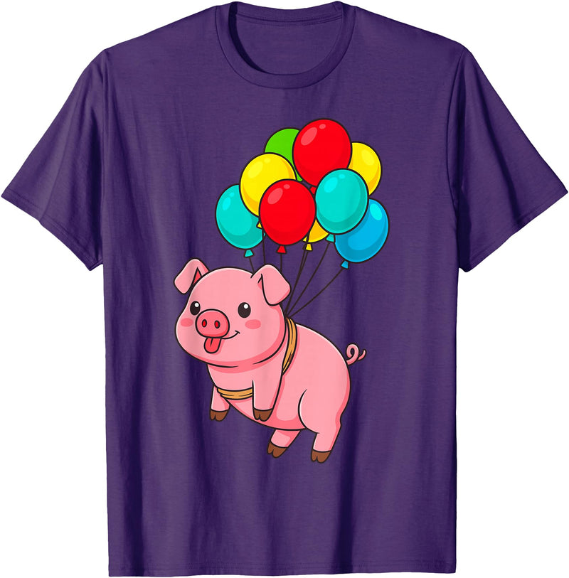 Uniquely Funny Pig Farmer Gifts Pig Flying with Balloons T-Shirt - Purple