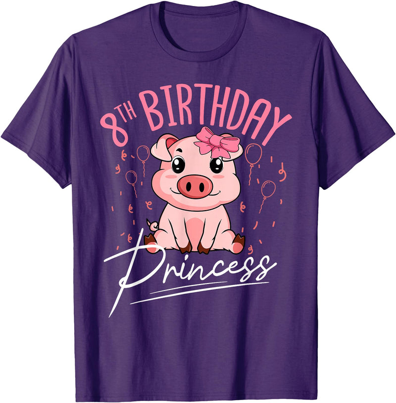 Pig Birthday 8 Cute Piggy Barn Party Apparel Pig 8th Birthday Princess Farm Party Hog Farmer Barnyard T-Shirt - Purple