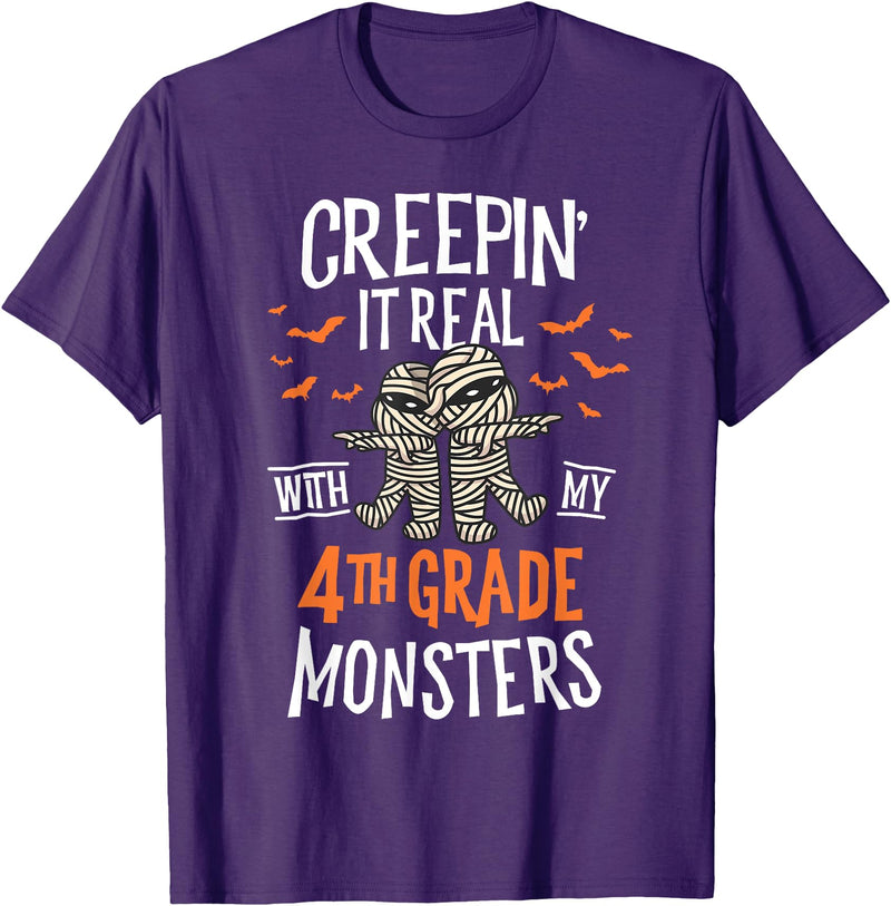 Halloween by Joy Haus Creepin It Real with My 4th Grade Monsters Halloween Teacher T-Shirt - Purple