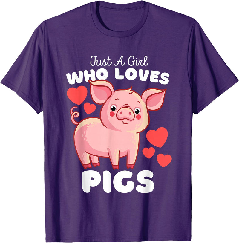 Motion Designs - Farm Animals Just A Girl Who Loves Pigs - Cute Girls Piggy T-Shirt - Purple