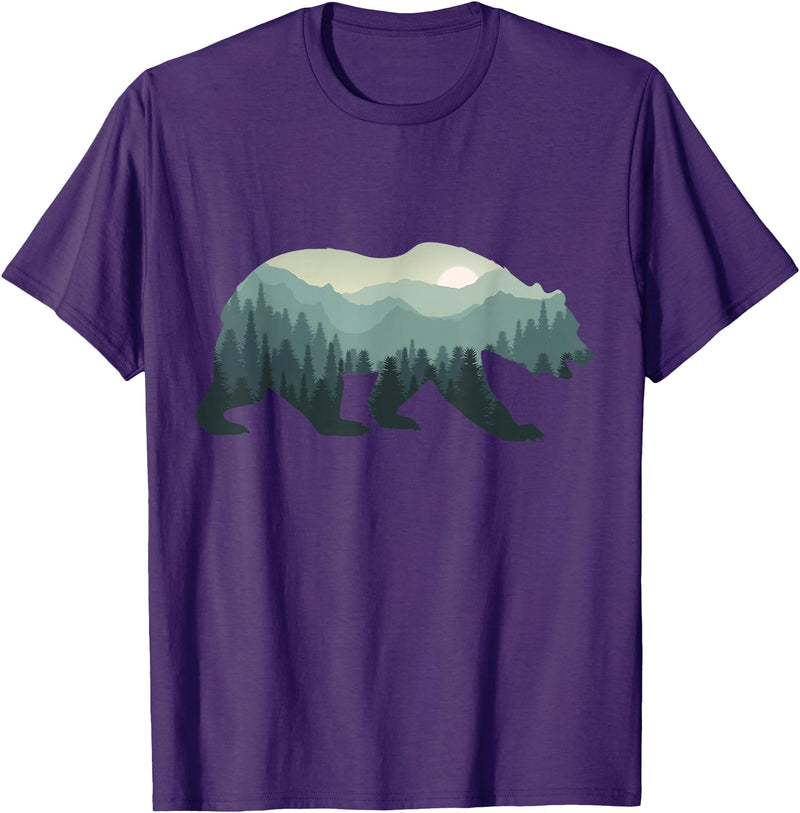 Outdoors Gift Ideas Camping Stuff Men Graphic Tees Misty Forest Bear Silhouette Wildlife Nature Lover T-Shirt - Purple