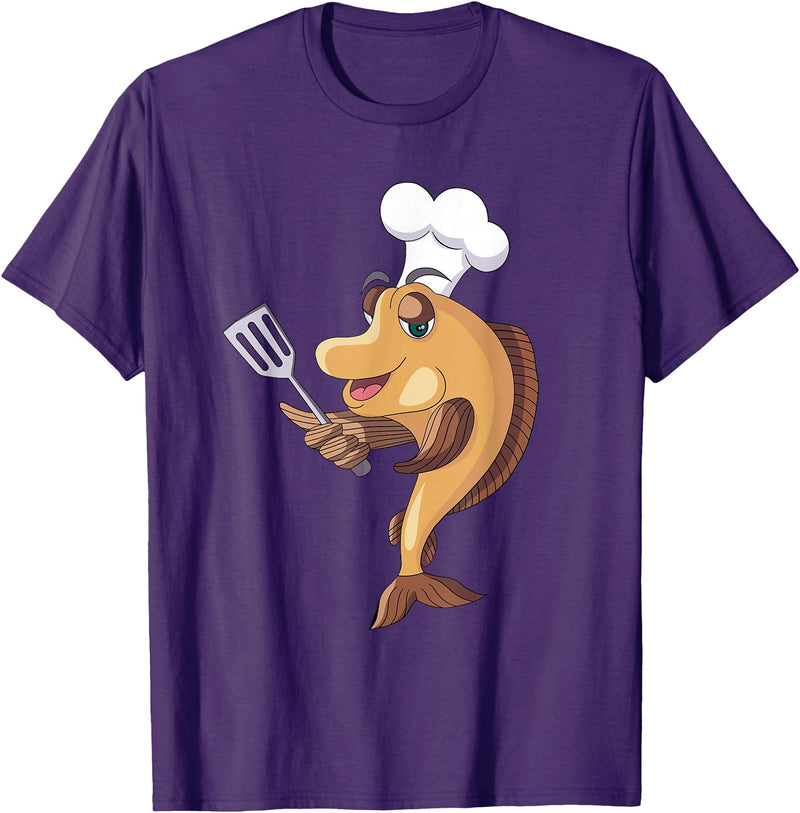 Cool Fish Character Apparel & Co. Fish Chef Fishing and Cooking T-Shirt - Purple