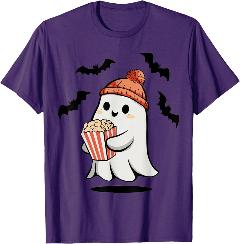 Ghost Pop Corn Halloween Funny Ghost Eating Pop Corn Lovers Spooky Halloween T-Shirt - Purple