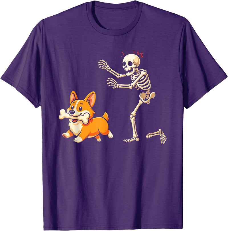 Funny Skeleton Chasing Dog Corgi Halloween Dog Funny Skeleton Chasing Corgi Dog T-Shirt - Purple