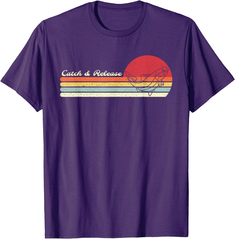 Retro Sunset Brook Trout Salmon Fisherman Designs Angler Catch & Release Trout Fly Fishing Vintage Distressed T-Shirt - Purple