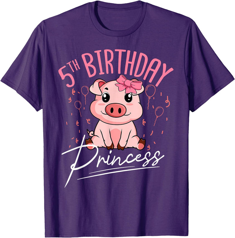 Pig Birthday 5 Cute Piggy Barn Party Apparel Pig 5th Birthday Princess Farm Party Hog Farmer Barnyard T-Shirt - Purple