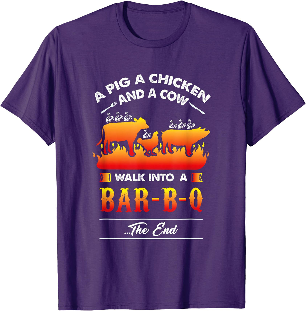 anti vegan shirt I funny bbq bacon fans A Pig, A Chicken, And A Cow Walk Into A Barbecue Bar-B-Q T-Shirt - Purple