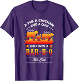 anti vegan shirt I funny bbq bacon fans A Pig, A Chicken, And A Cow Walk Into A Barbecue Bar-B-Q T-Shirt - Purple