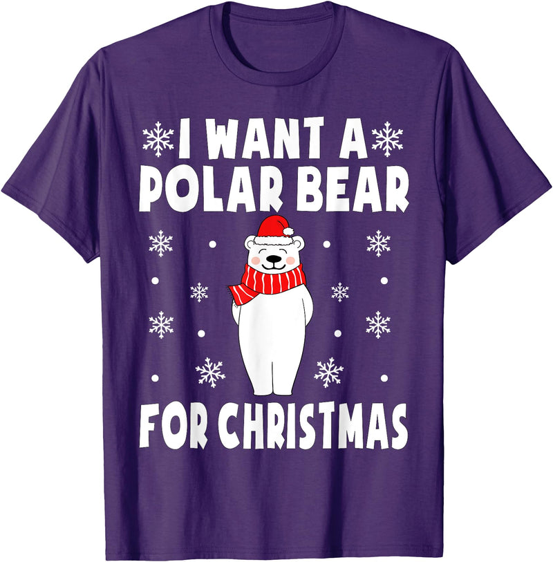 Polar Bear Christmas Pajamas Toddler Boys Girls I Want A Polar Bear For Christmas Polar Bear Pajamas Kids T-Shirt - Purple