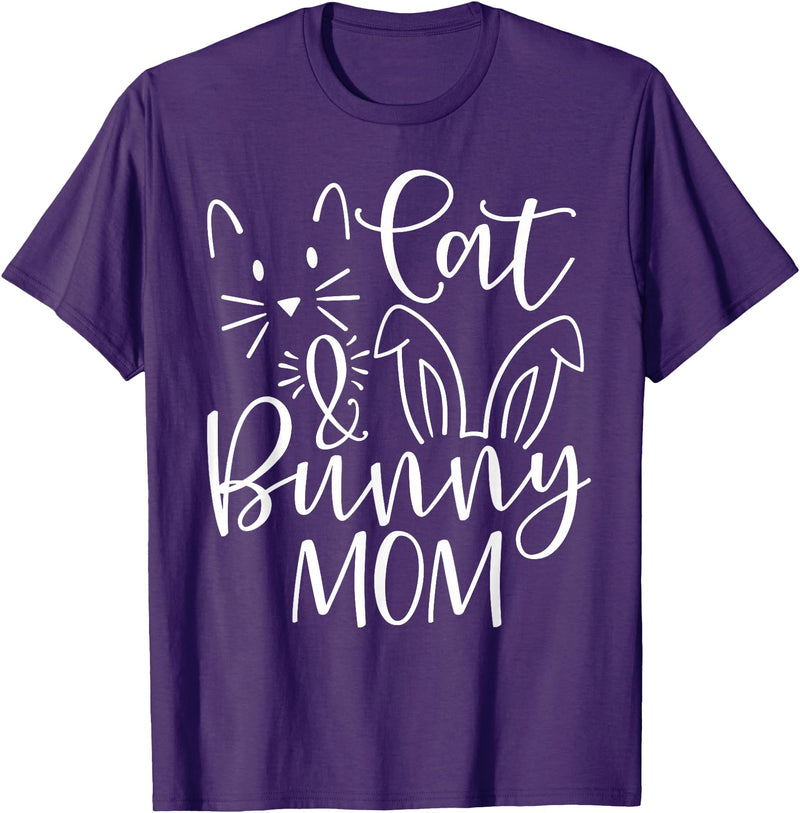 Cute Cat and Bunny Mom Design - Rabbit and Cat Owner T-Shirt in Purple