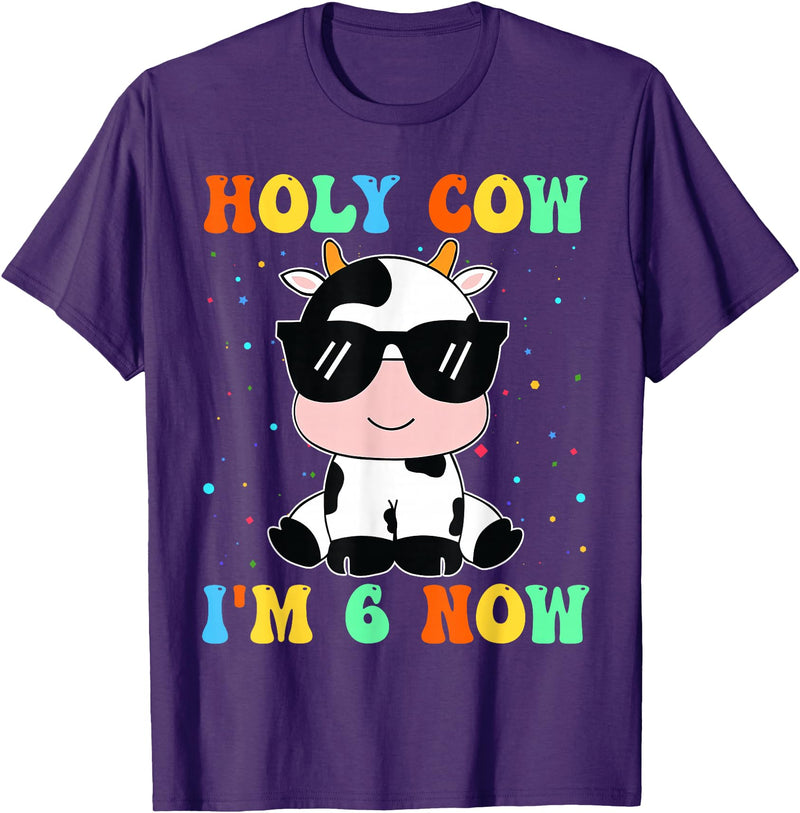 Holy Cow I'm Two 6 6th Birthday Boy Girl Kids Holy Cow I'm Two 6 Years Old 6th Birthday Boy Girl T-Shirt - Purple