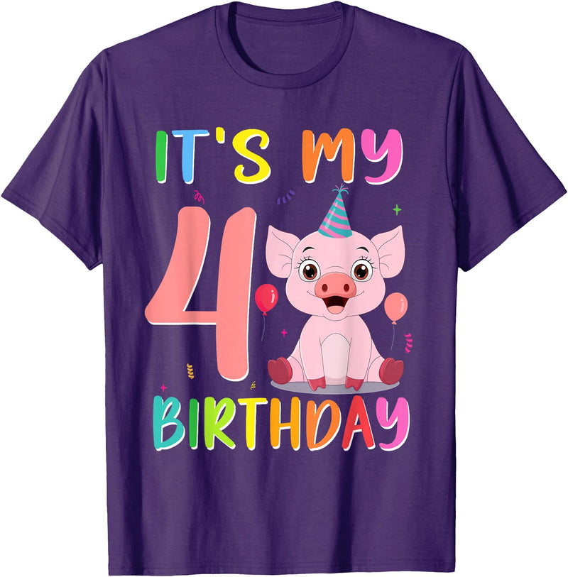 Pig Lover Shirt Farm Birthday Boy Girl Gift It’s My 4th Birthday Pig for Pig Lover 4 Year Old T-Shirt - Purple