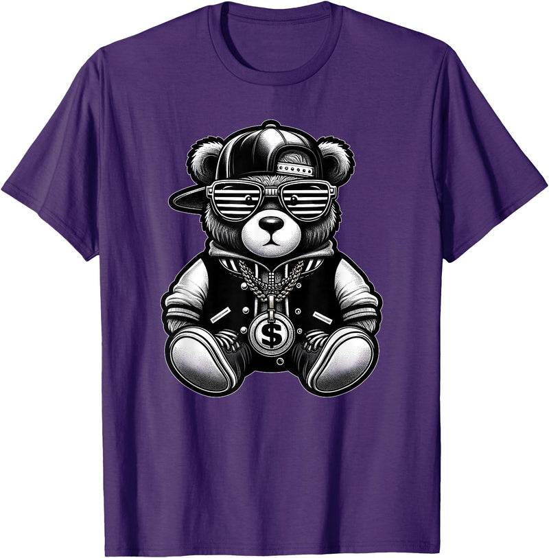 Teddy Bear Hip Hop Lovers Men Women & Kids Funny Hip Hop Teddy Bear 90s Graffiti Art Rap Lover Gangsta T-Shirt - Purple