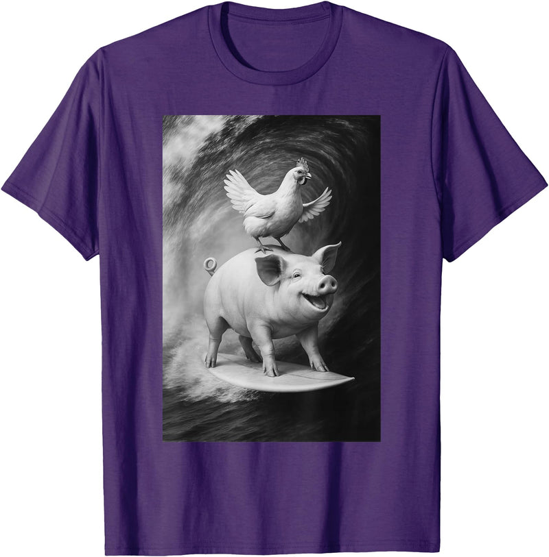 Surf Animal Lovers Funny Pet Summer Waves Vibes. Funny Surfing Pig and Chicken Selfie On Farm Animal T-Shirt - Purple