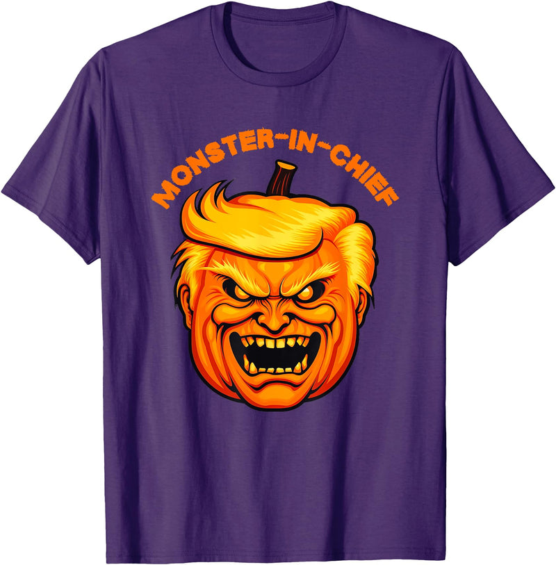 Monster-in-Chief 2024 Political Halloween Costume Monster-in-Chief Scary Trumpkin Trump Pumpkin Head Costume T-Shirt - Purple
