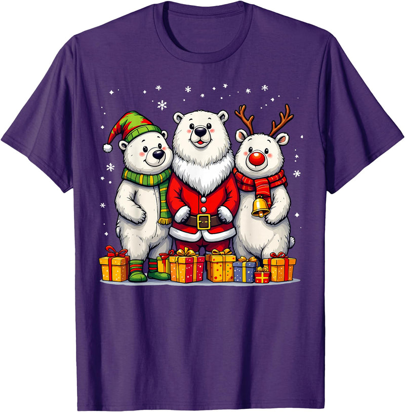Christmas Polar Bear Santa Elf Reindeer Holiday Cute Christmas Polar Bears in Santa Elf and Reindeer Costume T-Shirt - Purple