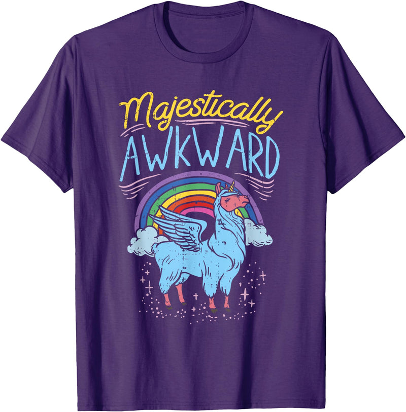Llama Queen Birthday Party Gift Majestically Awkward Funny Llamacorn Llama Unicorn Rainbow T-Shirt - Purple