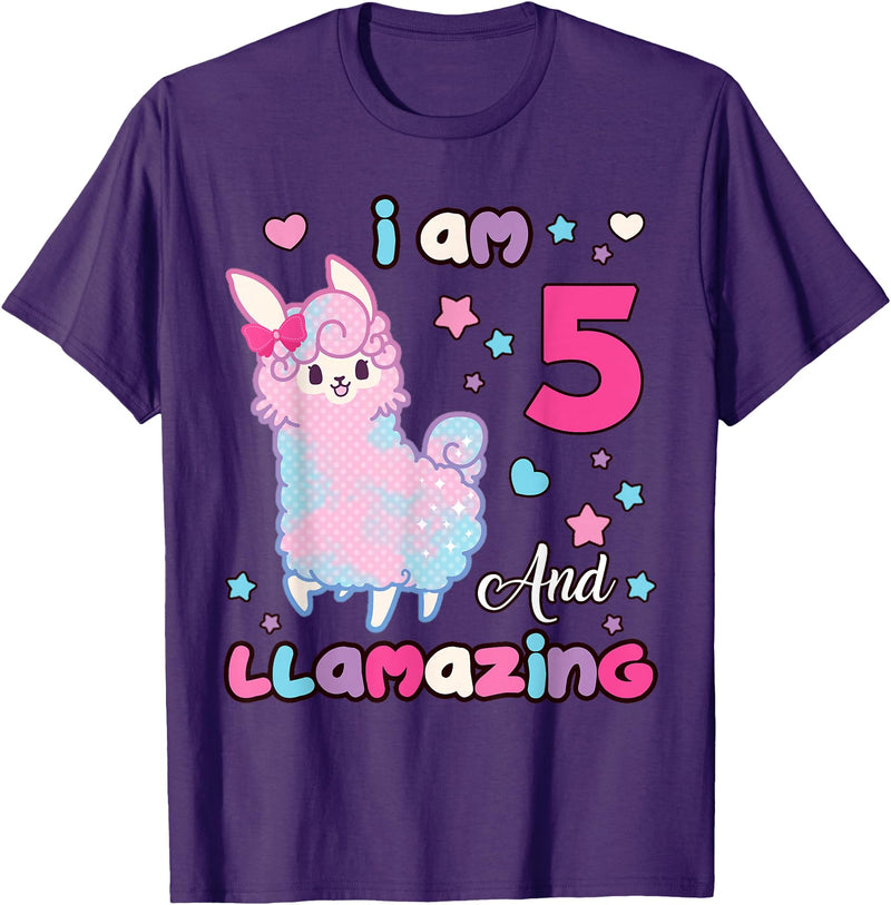 Llamazing Birthday Girl Llama Family BW Art Llama I Am Five and Llamazing 5 Years Old 5th Birthday Girl T-Shirt - Purple