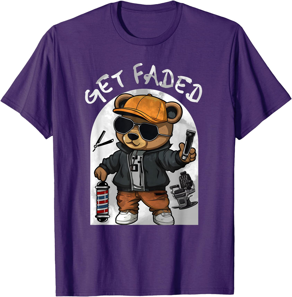 Black Barbershop African American Barber Designs Get Faded Hip Hop Teddy Bear Barber Streetwear Fade Haircut T-Shirt - Purple