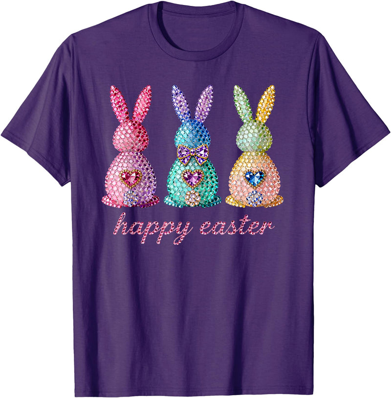 Funny Three Bunnies Rabbit Eggs Happy Easter Trendy Sparkly T-Shirt in Purple