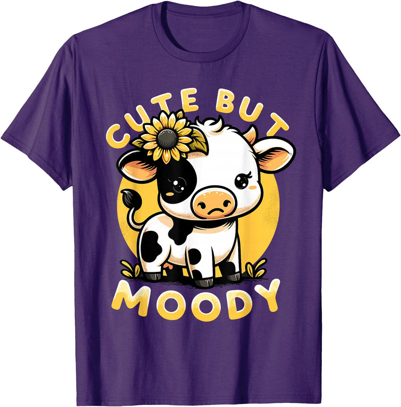 Cowgirl & Cow Lover Calf Gifts for Girls &Women Cute But Moody, Cute Cow, Kids, Farm & Baby Cow Sunflower T-Shirt - Purple